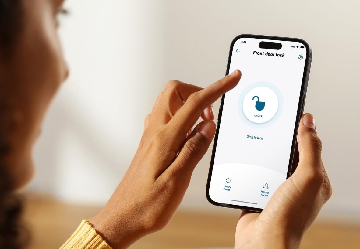 Smart lock for your front door being locked via an app